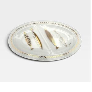 Fred Press Atomic Fish Divided Glass Platter MCM 22k Gold Tray 17"